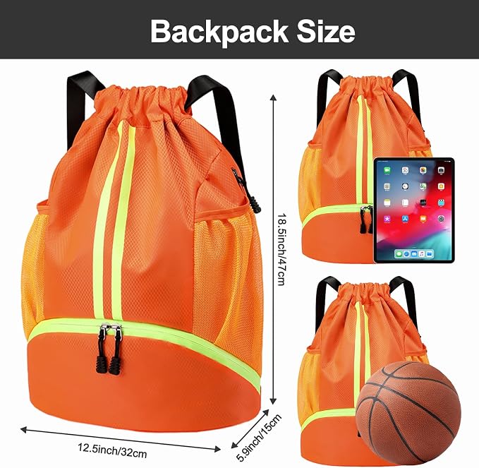 Hoedia Sports Drawstring Backpack - String Swim Gym Bag with Shoes Compartment and Wet Proof Pocket for Women&Men