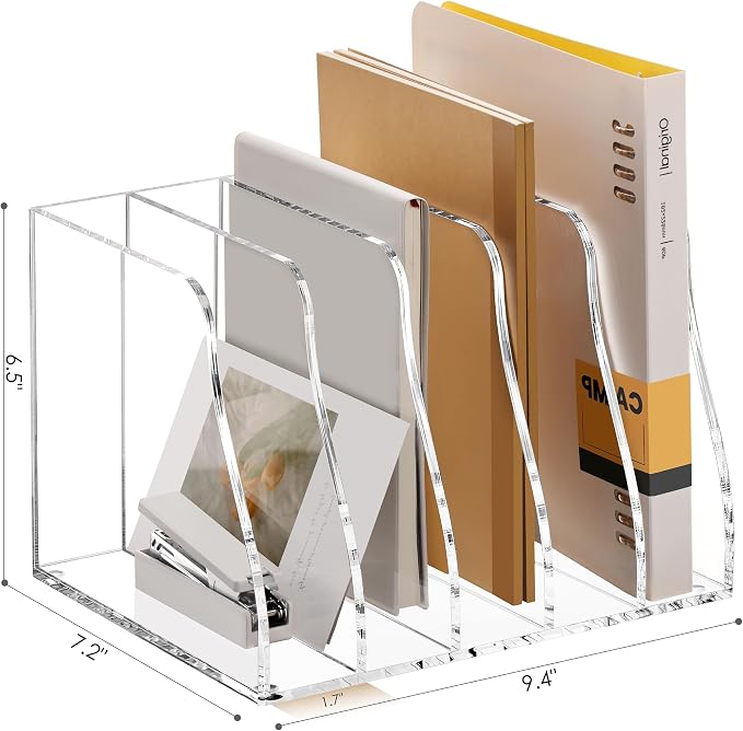 SANRUI Acrylic Magazine File Holder Desk Organizer, Clear 5 Vertical Compartments Workspace Document Sorter, Folder Rack Binder for Office Home Classroom Tablet, Books & Accessories Storage