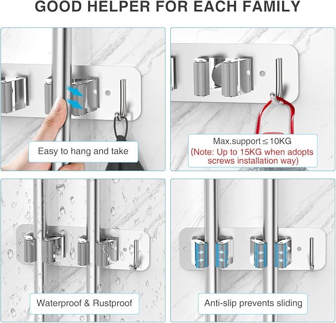 homeasy Wall Mount Mop and Broom Holder, Heavy Duty Stainless Steel Organizer Rack with Hooks | 2-Pack, 2-in-1 No Drill & Screw Installation, Silver