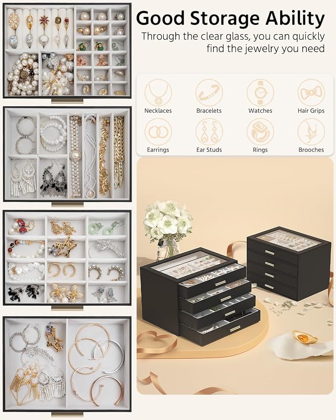 AKOZLIN Jewelry Box with Clear Lid Functional Leather Jewelry Storage Organizer Case 4 Drawers for Women Girls Necklace Ring Bracelet Earring