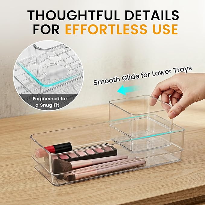 27 PCS Clear Plastic Drawer Organizer Set, 4 Sizes Acrylic Drawer Storage Trays Non Slip Storage Bins for Makeup, Jewelry, Gadgets for Kitchen, Bedroom, Bathroom, Office