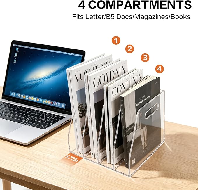 Acrylic Magazine File Holder with Carrying Handle, 4 Vertical Compartments Desk File Organizer, Clear File Sorter for Office, Magazines, Books, B5 Size