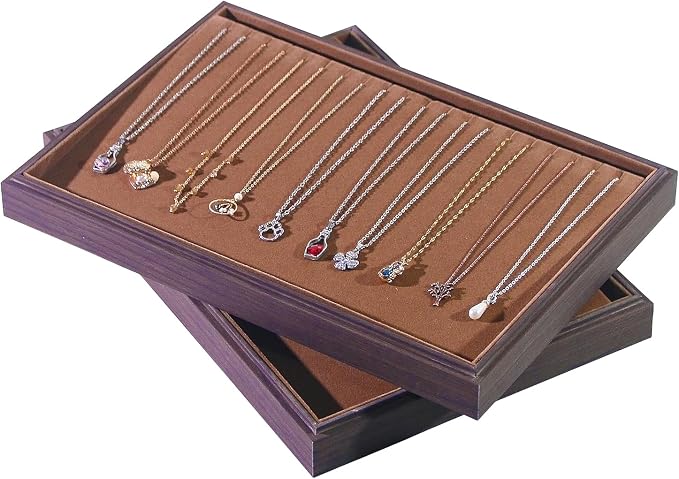 Wood Jewelry Organizer Tray, Necklace Holder (Brown, 2Pc, 20-Slot) | Stackable Jewelry Display, Necklace Display, Tangle-Free Necklace Stand, Pendant Organizer