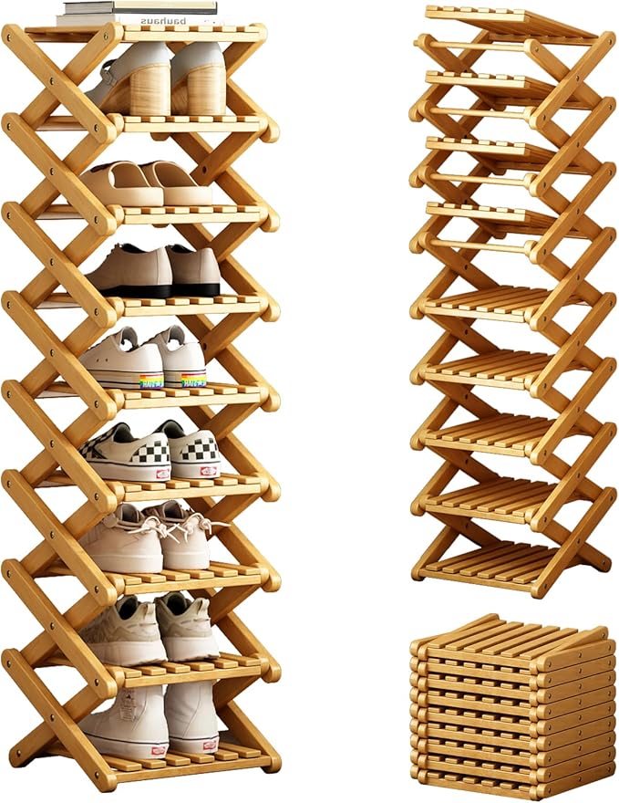 Bamboo Foldable Shoe Rack, 9 Tier Portable Shoe Storage Rack, Multi Functional Narrow Vertical Shoe Racks, Shoe Shelf for Entryway, Corner, Bedroom, Hallway, Balconies, Small Space