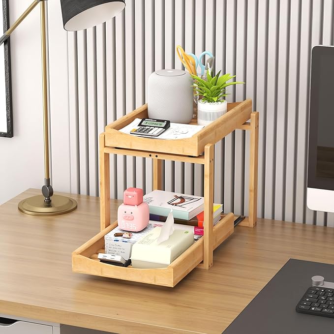 Bamboo Under Sink Organizer and Storage, 1 Pack Pull Out Cabinet Organization, 2 Tier Vertical Slide Out Undersink Storage Shelf, Multi-Purpose Organizer Shelves for Kitchen Bathroom Medicine