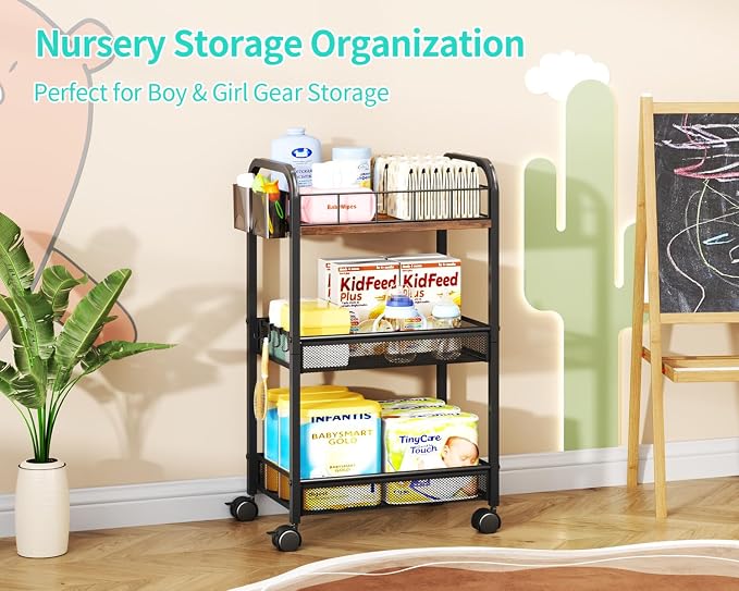 HapiRm 3 Tier Rolling Cart - Metal Utility Cart with Locking Wheels | Rolling Storage Cart Organizer with 2 Hanging Cup, 4 Hooks, Mesh Basket, Space-saver for Kitchen, Craft Art, Office, Bathroom