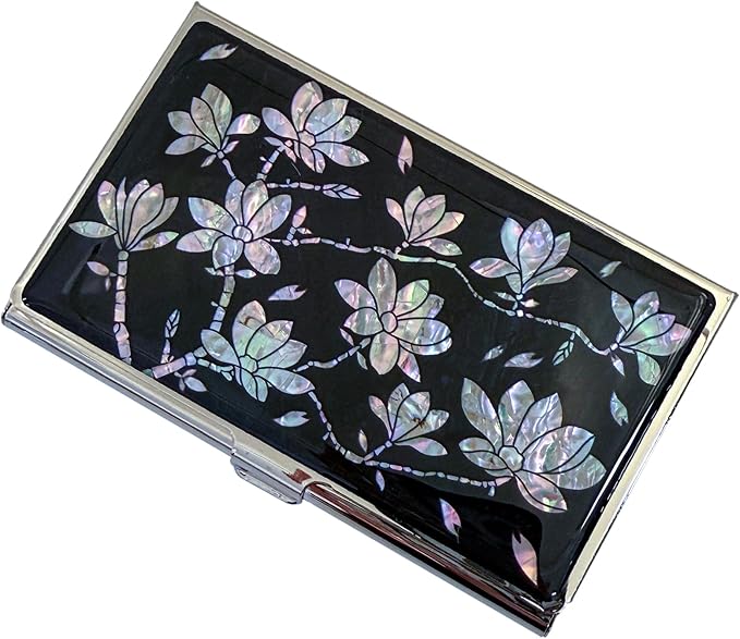 Mother of Pearl Business Card Case Credit Id Name Holder Travel Wallet Art Painting Design Metal Stainless Steel Engraved Slim Purse Pocket Cash Money Wallet (N_Magnolia)