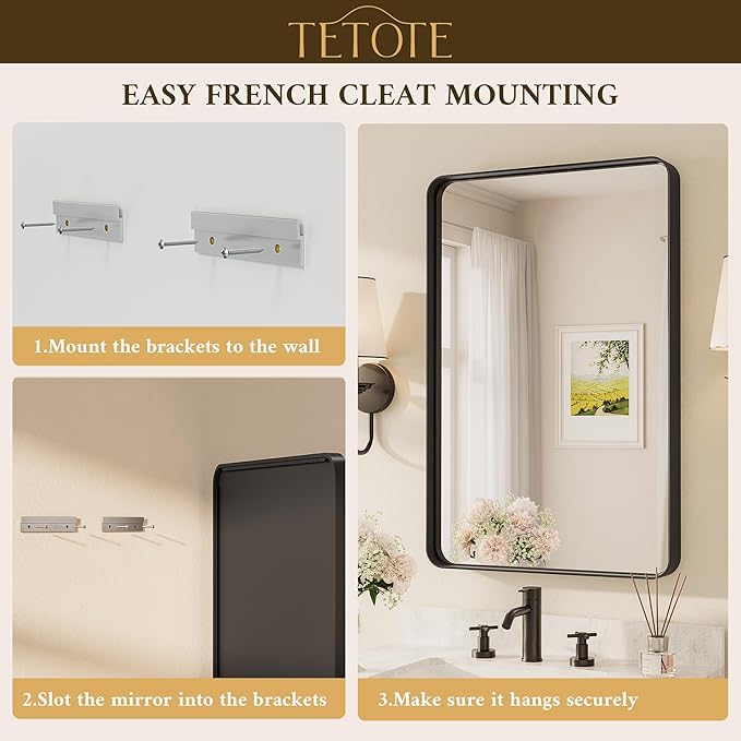TETOTE Black Framed Bathroom Mirror, 24 x 30 Inch Matte Metal Frame Vanity Mirror, Modern Farmhouse Wall Mounted Rectangle Mirror (Horizontal/Vertical)