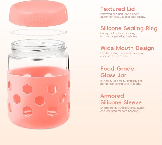 Gemice 6-Pack 16 oz Overnight Oats Containers with Lids and Silicone Sleeves, Glass Mason Jars with Airtight Lid, Dishwasher Safe, Wide Mouth Chia Seed Pudding Meal Prep Jar for Yogurt Berries Snack