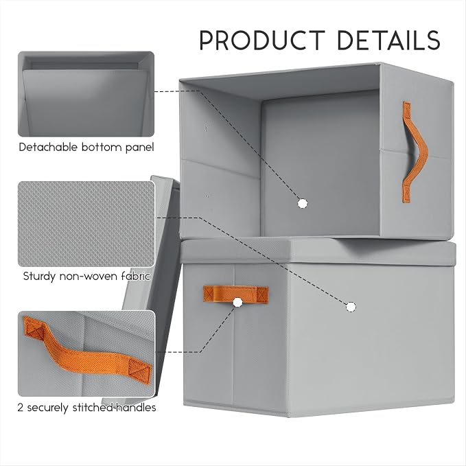 Homsorout Storage Bins with Lids - Large Fabric Closet Bins with Lid, 5 Pack Clothes Organizers and Storage, Collapsible Stackable Cube Basket for Home, Office, Dorm, Grey