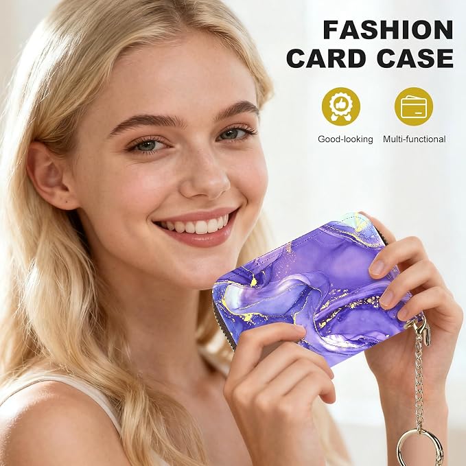 Credit Card Holder for Women,Small Rfid Wallet with Keychain Zipper,Cute PU Leather Card Case Wallet，Accordion Credit Card Wallets Gift,Purple Marble C