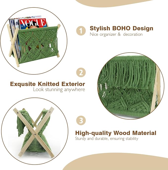 Boho Macrame Magazine Holder,Hand-Woven Magazine Rack for Home Office | Multifunctional Storage Basket for Letters, Magazines, Books and Newspapers