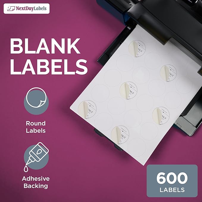 NextDayLabels 1.66 Inch Round Circle Stickers White Blank Labels for Laser Inkjet Printer - 24 Per Sheet Self-Adhesive Candle Jar Product Made in USA - 600 Labels