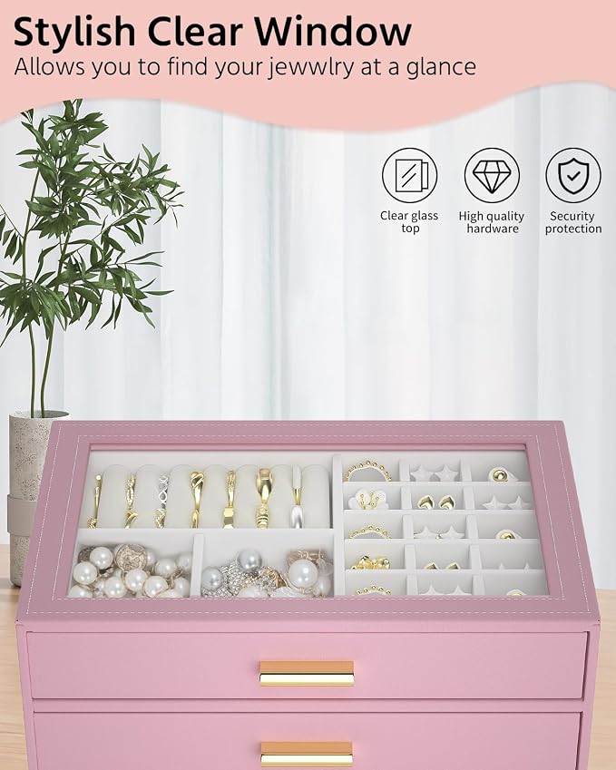 AKOZLIN Jewelry Box with Clear Lid Functional Leather Jewelry Storage Organizer Case 2 Drawers for Women Girls Necklace Ring Bracelet Earring