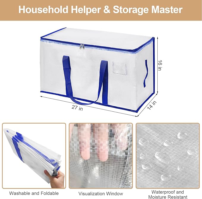 4 Pack Large Strong Moving Bags with Carrying Handles&Zippers, Fold Flat, Water-Resistant&Heavy Duty Storage Tote for Space Saving, Alternative to Moving Box (Semi-Transparent)