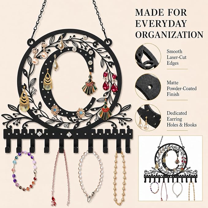 Personalized Wall Mounted Metal Initial Letter C Earring Holder Jewelry Organizer for Earrings and Necklaces Space Saving Wall Display with Hooks Jewelry Storage Bedroom Vanity Gift for Women