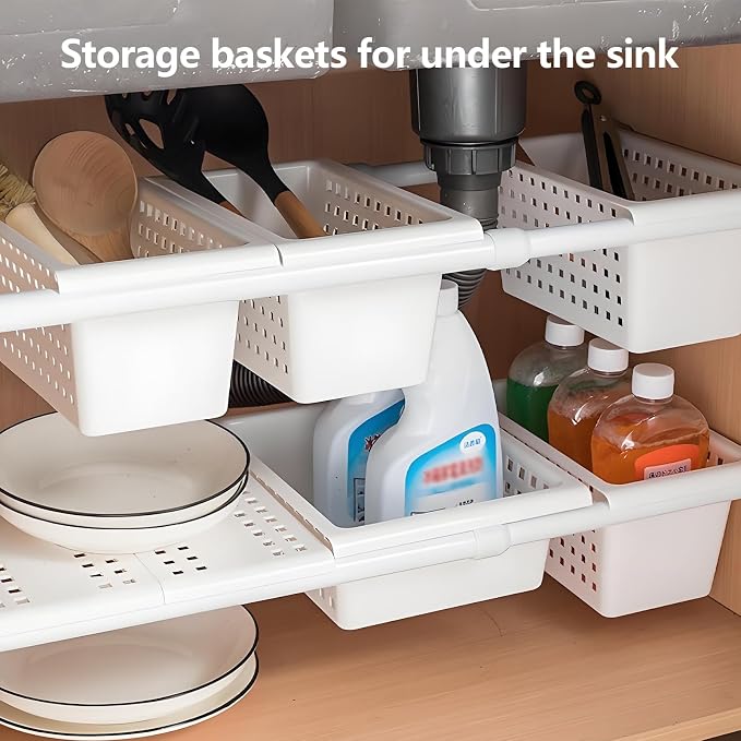 Gonetre Shelf Baskets Storage Basket for Expandable Rod Under Sink Organizer PP Plastic Hanging Basket for Closet Wardrobe Kitchen 30*16*8CM Storage supplies
