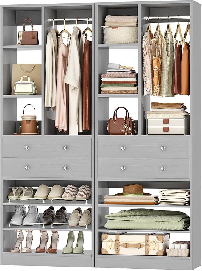 Besiost Closet System, 55.5"/4.6 FT Closet Organizer System with Drawers and Shelves, Walk-in Closets Systems for Small Closets, Free Standing Closet Tower, Load 1200+LBS, Morandi Grey 2 Pack