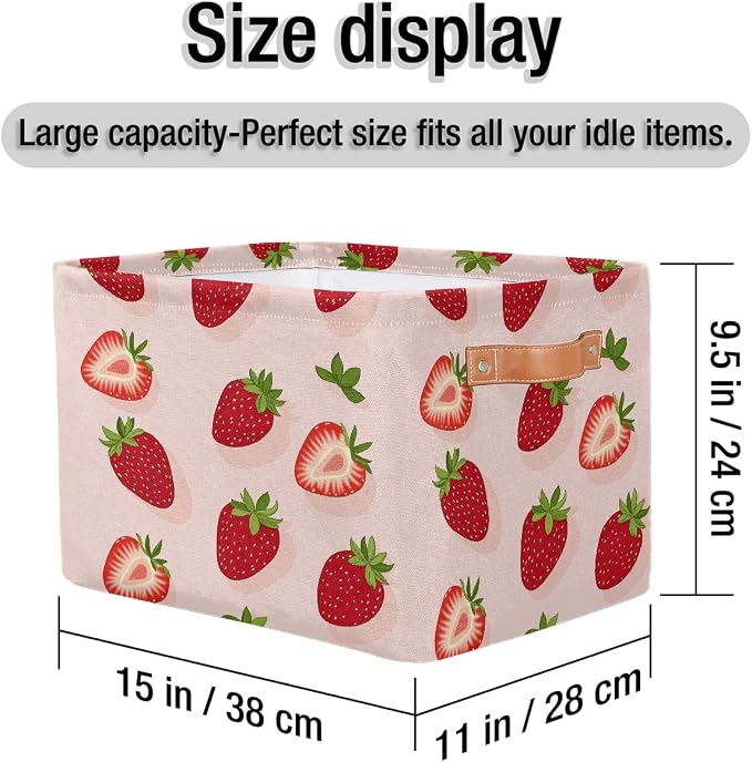 Rectangle Storage Baskets for Shelves, Cute Strawberries Pattern Storage Cube Organizer Bins Collapsible Toy Basket for Nursery Home Room