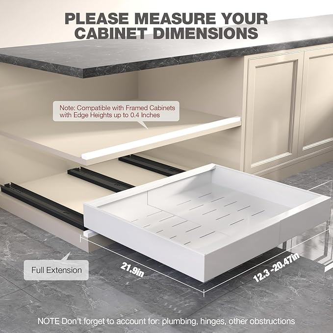 Seinloes 4 Pack Pull Out Cabinet Organizer 22" Deep,Full Extension 3 Slide Rails Slide Out Drawers With Raising Pad for Framed Cabinets,Expandable Width (12.3"-20.5"),No Drill Roll Out shelf,White