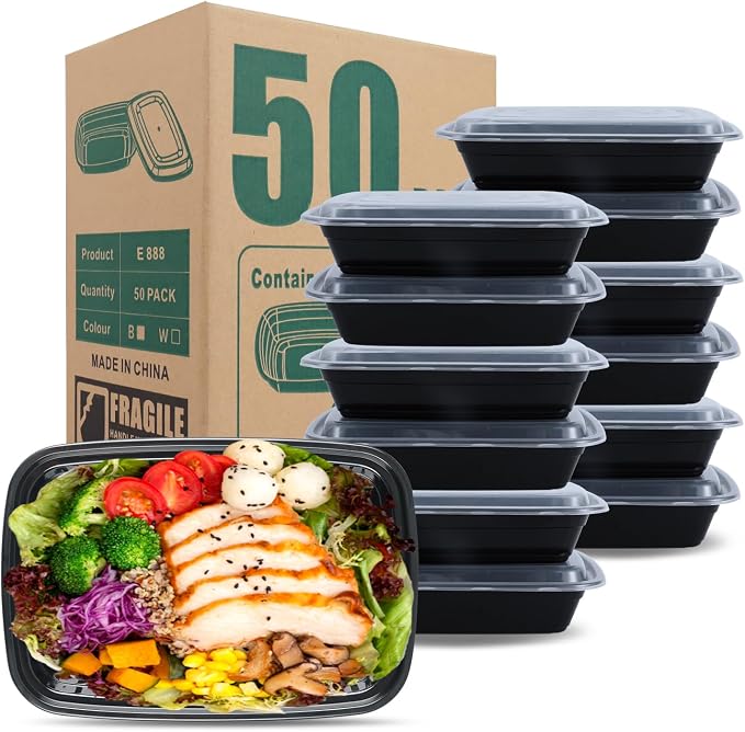 28oz Rectangle Meal Prep Containers with Lids, 50 Pack | BPA-Free Leakproof Reusable Plastic Food Storage, Microwave Safe Stackable Takeout Boxes for Hot Food