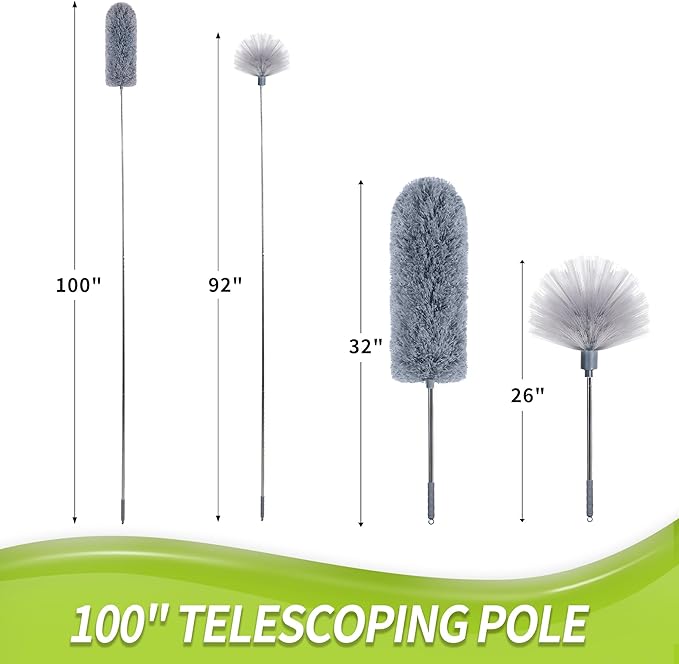 IVYROLL Cobweb Duster with Extension Pole, Spider Web Brush & Ceiling Cleaning Kit, 100" Microfiber Feather Duster Cleaner with Washable Head for Ceiling Fan, Furniture, Home