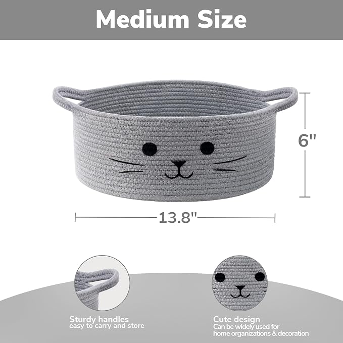 13.8" x 6" Cat Toy Basket, Woven Basket for Living Room Home Décor, Medium Empty Gift Baskets for Nursery, Cotton Rope Baskets for Cats Bed, Grey
