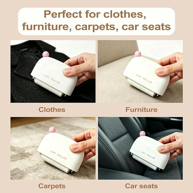 Disposable Mini Lint Roller with 4 Refills, PinkWhite | Portable, Easy Tear Residue-Free, Pocket-Sized for Travel Clothes, Furniture, Carpets, Pet Hair Remover, Fits in Wallet Bag