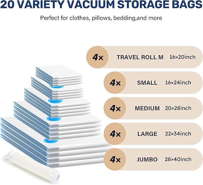 Simple Deluxe Vacuum Storage Bags 20 Pack, Space Saver Bags with Hand Pump, Vacuum Seal Bags for Clothing Travel, Comforters, Blankets, Bedding, Pillows (4 Jumbo/4 Large/4 Medium/4 Small/4 Roll M)