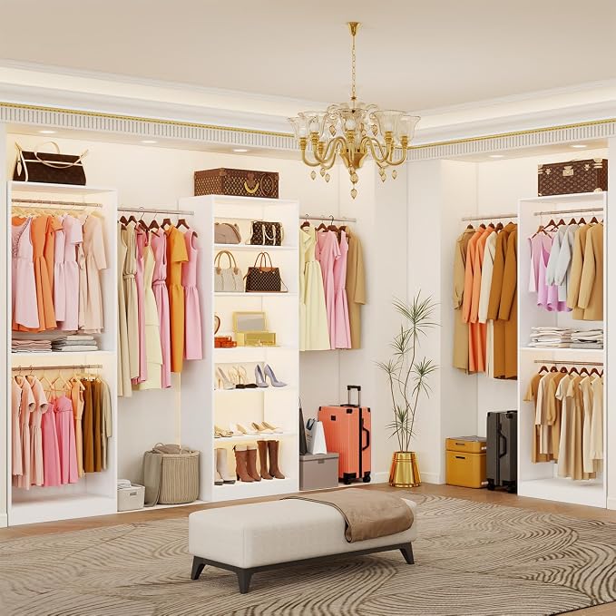 Closet System of 3 Sets, 6FT-15FT Closet Organizer System with 7 Adjustable Hanging Rods& 6 Shelves, Custom Modular Closet Kit, Freestanding Closet Storage System, L-Shaped Walk-in Closet, White