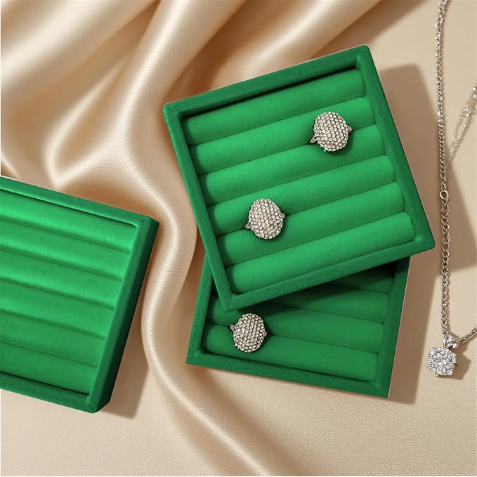 SCIKHETF Velvet Ring Earrings Studs organizer Tray Small Ring Insert Display Tray 5 Slots Stackable (Green)