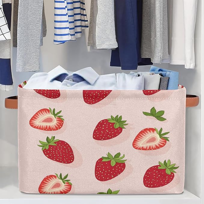 Rectangle Storage Baskets for Shelves, Cute Strawberries Pattern Storage Cube Organizer Bins Collapsible Toy Basket for Nursery Home Room