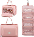 ROYALFAIR Roll Up Makeup Bag, Waterproof Toiletry Bag for Women, Hanging Travel Organizer bags with Jewelry Organizer Compartment, Extra Large 4 Clear TSA Approved Pouches Cosmetic Makeup (light red)