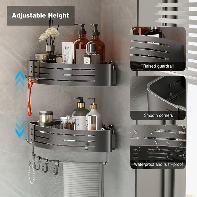 Voldra Corner Shower Caddy Suction Cup, 1 Pack Corner Shower Shelves No Drilling, Aluminum Upgrade Suction Cup Shower Organizer Corner with Towel Bar & Hooks Removable Bathroom Storage Rack(Gray)