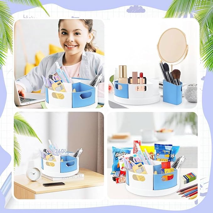 Rotating Art Supply Organizer Storage Caddy for Kids, 7 Bins Craft Crayon Marker Organizers for School Desk, Lazy Susan Pencil Holder for Classroom Organizations (blue and white)