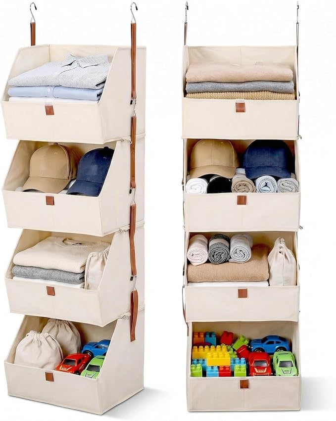 4-Tier Hanging Closet Organizer and Storage, Foldable Fabric Shelves with Hooks, Space-Saving Hanging Shoe Organizer for Bedroom, Dorm, RV, Beige