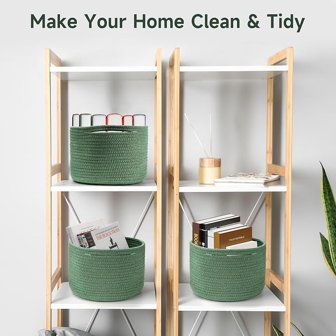 Small Rope Baskets for Storage, Baskets for Gifts Empty, Cute Round Woven Basket, Decorative Shelf Baskets 9.82×9.82×7.1", Cotton Toy Basket Storage Bins for Organizer 3 Packs Green