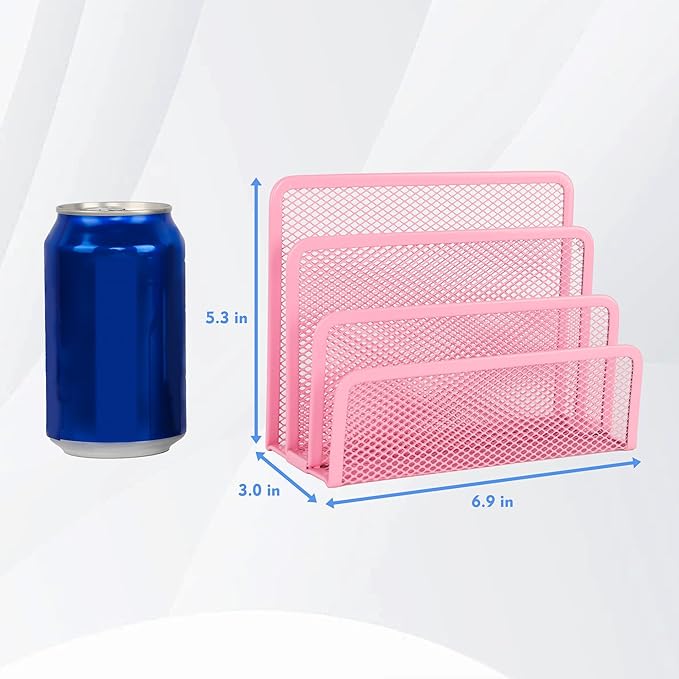 EASEPRES Desk Mail Organizer, Office Small Desktop Metal Mesh Envelope Letter Sorter Paper File Holder Organizer with 3 Vertical Upright Compartments, Pink 2 Pack