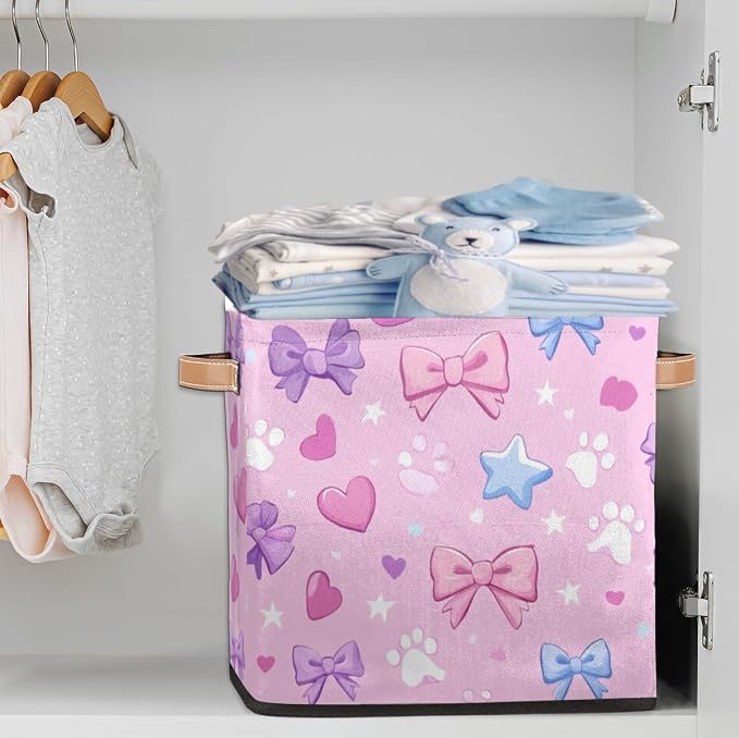 TropicalLife Paw Pink Bow Storage Cube, 13 Inch Fabric Cube Storage Organizer Bin for Shelves Clothes, Decorative Foldable Storage Boxes