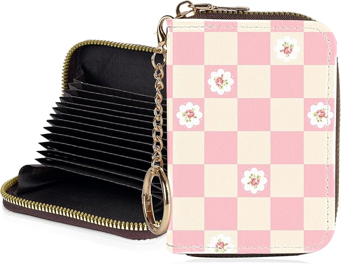 Credit Card Holder for Women,Small Rfid Wallet with Keychain Zipper,Cute PU Leather Card Case Wallet，Accordion Credit Card Wallets Gift,Pink checkered