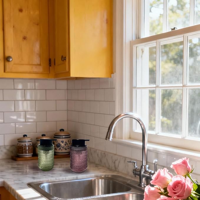 Foaming Soap Dispenser, Refillable Clear Glass Pump Bottle, 13.5 Fl Oz Vintage Foam Dispenser with Black Pump, Multi-Use for Bathroom Kitchen Hand Soap & Lotion, Modern Home Decor (Pink)