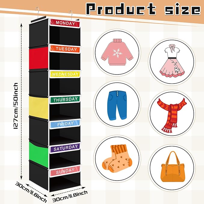 Amylove 2 Pcs 7 Shelf Weekly Clothes Organizer for Kids Hanging Closet Organizer 11. 8 x 11. 8 x 50 Inches Daily Activity Kids Clothes Storage Drawers Cube Drawers Closet Hanging Shelves(Black)