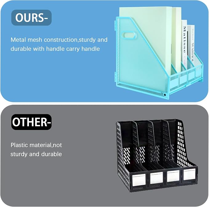 Desk Organizers Metal Magazine File Holder Racks Desktop Folder Storage Binder Organiser Document Organization for Home Office & Classroom,4 Vertical Compartments-Blue