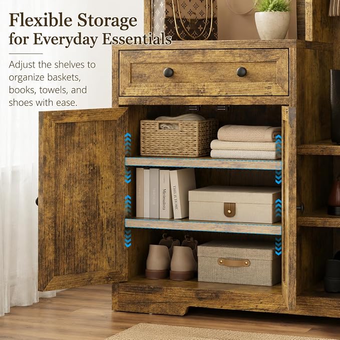 Einhomn 5-in-1 Hall Tree with Bench and Shoe Storage, 51" W Entryway Organizer Coat Rack with 9 Hooks, 4 Storage Cabinets, Drawer, Open Cubbies for Mudroom, Hallway, Living Room, Rustic Brown
