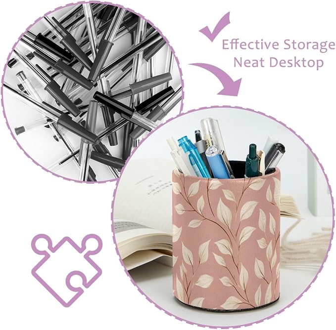Cute Pink and White Leaves Desk Pen Organizer, Pen Cup Makeup Brush Holders Pencil Holder for Desk, Desktop Supplies & Accessories Workspace Organizers for Office Home School Art Supply