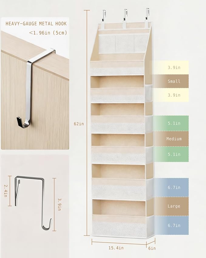 KMSCO Over The Door Organizer, 6 Large Pockets + 13 Mesh Side Pockets, Hanging Storage, 55lbs Capacity, Heavy Duty Non-Woven Fabric for Baby Nursery, Bathroom, Pantry, Closet, Beige, 1 Pack