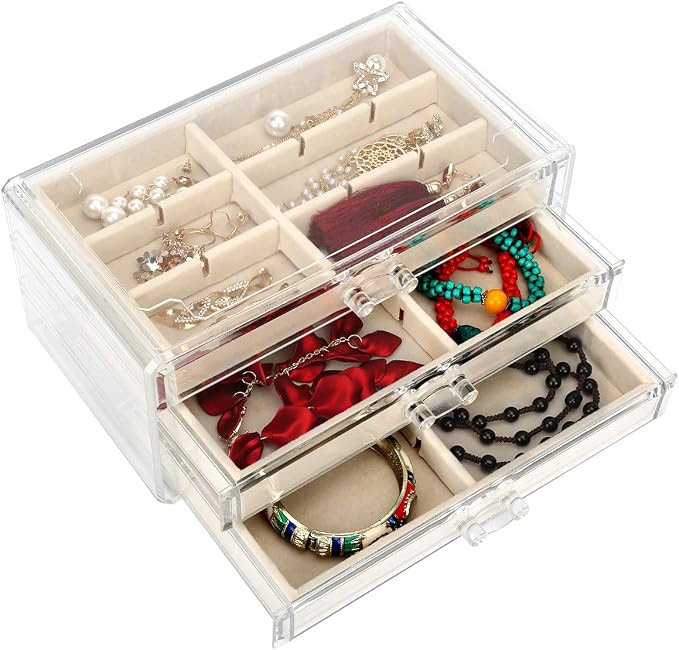 FEISCON Acrylic Jewelry Organizer Makeup Cosmetic Storage Organizer box | Storage Organizer box Clear Jewelry Case with 3 Drawers Adjustable Jewelry Box Velvet Trays grid size