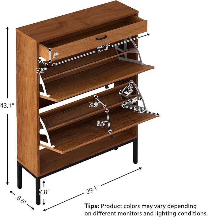 XIAO WEI Shoe Cabinet, Shoe Storage Organizer Cabinet with 2 Flip Wavy Line Drawers, Freestanding Shoe Rack with Adjustable Shelf for Entryway, (Walnut)