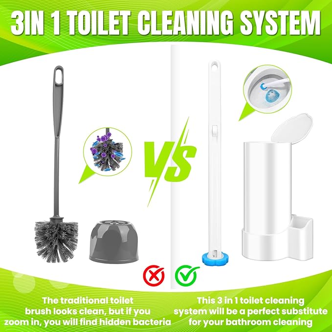 Disposable Toilet Brush, Extended Handle with 12 Cleaner Refills Toilet Brush for Toilet Bowl Cleaners, Bathroom Cleaning