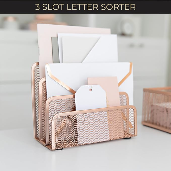 BLU MONACO Rose Gold Metal Mesh Letter Sorter | 3-Slot Vertical Mail Organizer for Desk, Office and Home | Compact Mail Holder for Envelopes, Documents and Files | Modern Desktop Organizer